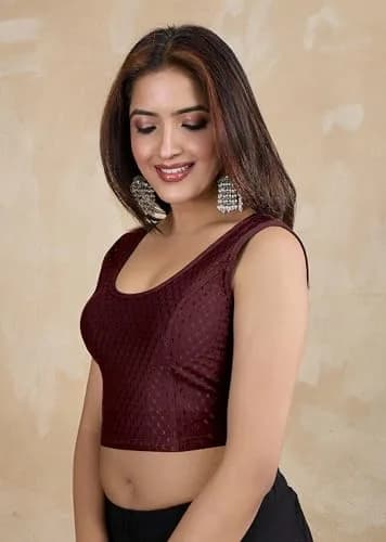 TRENDMALLS Women's Dobby Cotton Stretchable Sleeveless Saree Blouse XL Wine | Breathable Fabric for Indian Climate thumbnail 6