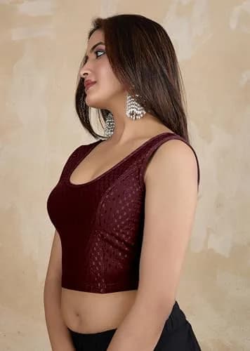 TRENDMALLS Women's Dobby Cotton Stretchable Sleeveless Saree Blouse XL Wine | Breathable Fabric for Indian Climate thumbnail 7