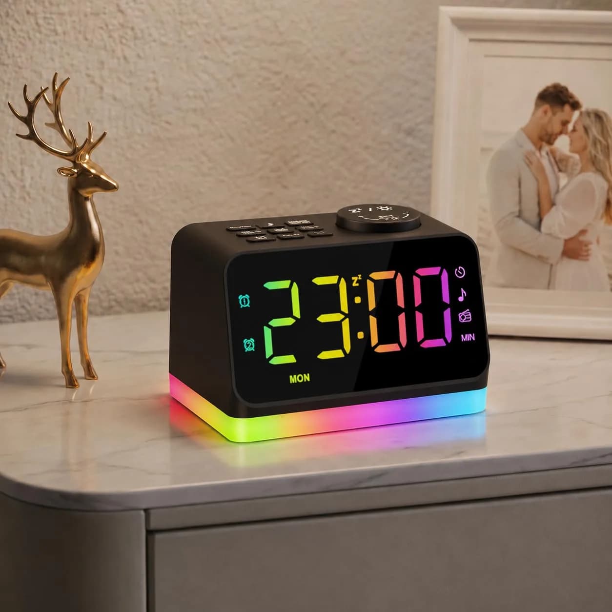 JALL Digital Alarm Clock with FM Radio, 8-Color Night Light, Timer, Dual Alarm, USB Charging, Large Display, for Bedroom (Black with RGB Font)
