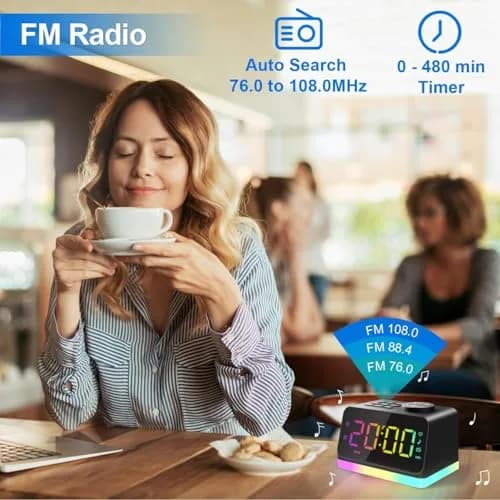 JALL Digital Alarm Clock with FM Radio, 8-Color Night Light, Timer, Dual Alarm, USB Charging, Large Display, for Bedroom (Black with RGB Font) thumbnail 6