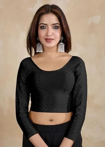 TRENDMALLS Women's Dobby Cotton Stretchable Saree Blouse Black XL | Ready to Wear Back Open 3/4 Sleeve thumbnail 8