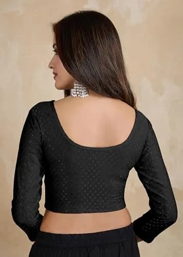 TRENDMALLS Women's Dobby Cotton Stretchable Saree Blouse Black XL | Ready to Wear Back Open 3/4 Sleeve thumbnail 2