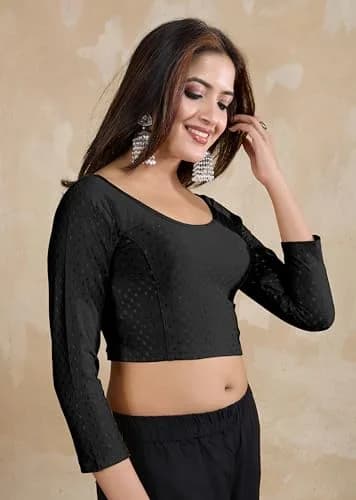 TRENDMALLS Women's Dobby Cotton Stretchable Saree Blouse Black XL | Ready to Wear Back Open 3/4 Sleeve thumbnail 3