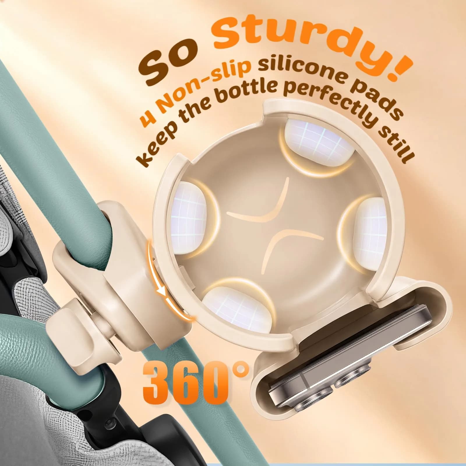 Guiseapue Universal Cup Holder with Phone Mount | Fits Strollers, Walkers, Bikes, Carts (Beige) - view 4