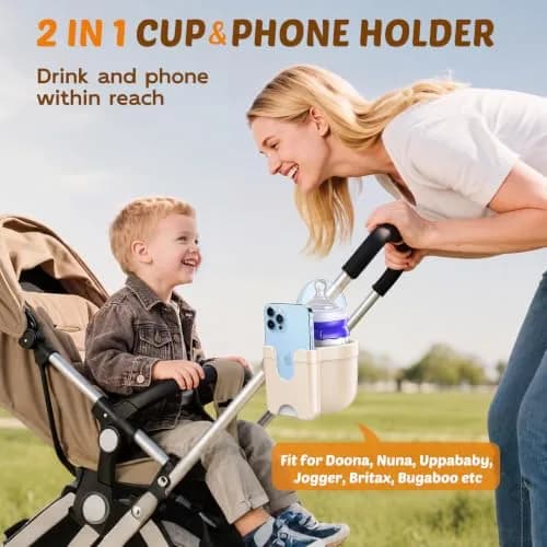 Guiseapue Universal Cup Holder with Phone Mount | Fits Strollers, Walkers, Bikes, Carts (Beige) thumbnail 6