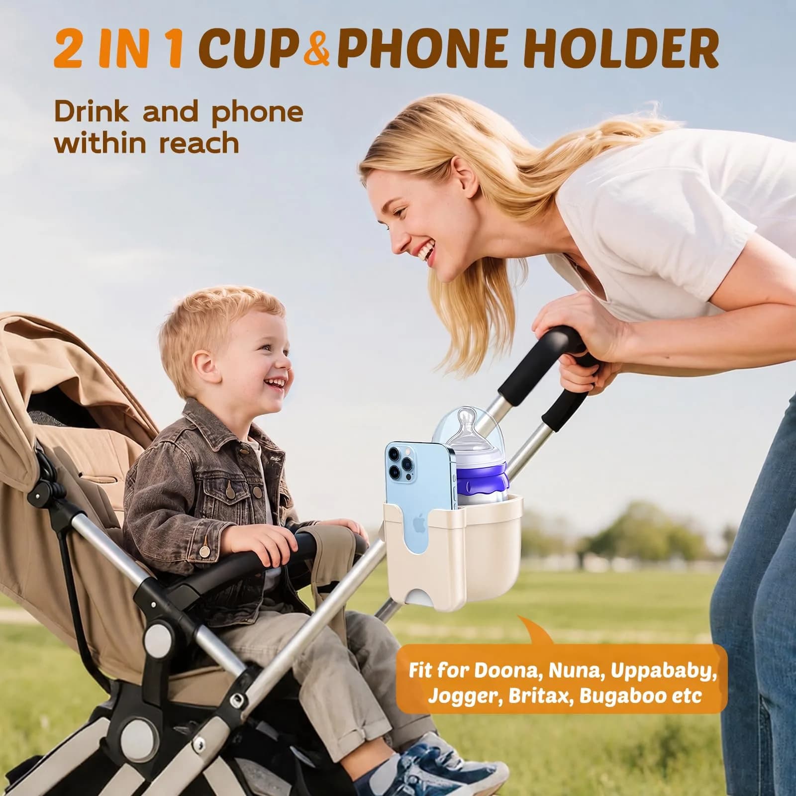 Guiseapue Universal Cup Holder with Phone Mount | Fits Strollers, Walkers, Bikes, Carts (Beige) - view 6