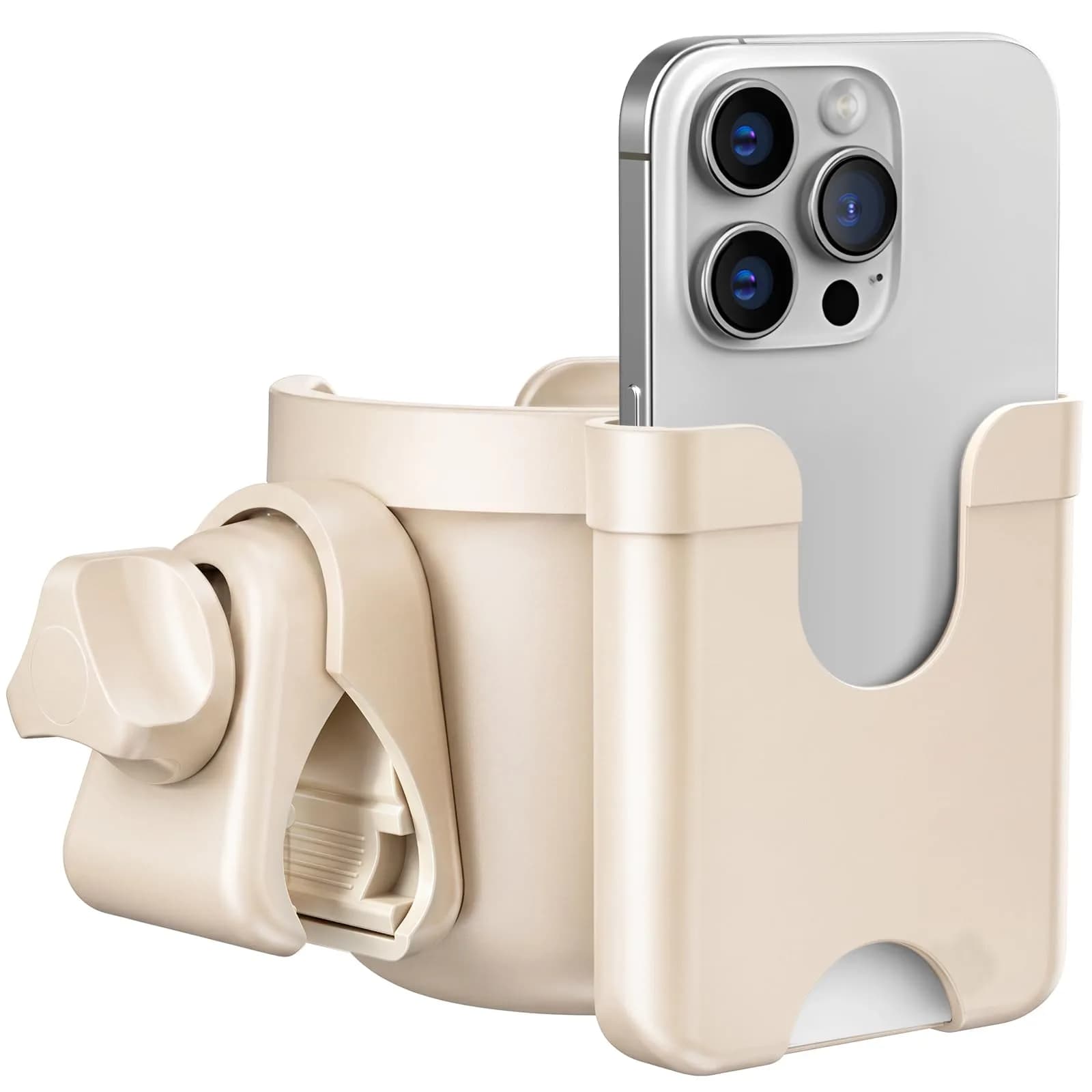 Guiseapue Universal Stroller Cup Holder with Phone Mount, Blue | Fits 0.55"-1.7" Handlebars — Beige
