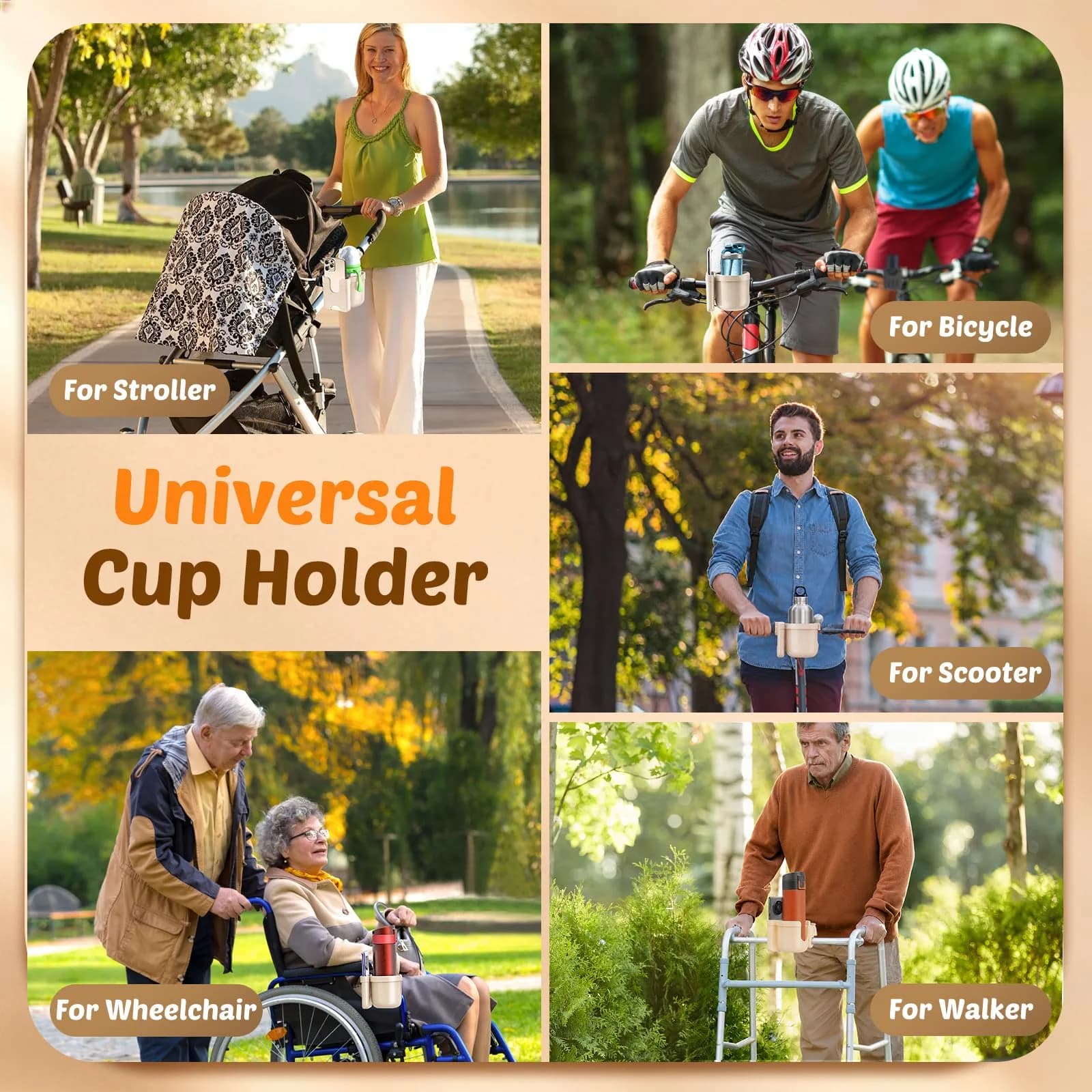 Guiseapue Universal Cup Holder with Phone Mount | Fits Strollers, Walkers, Bikes, Carts (Beige) - view 2