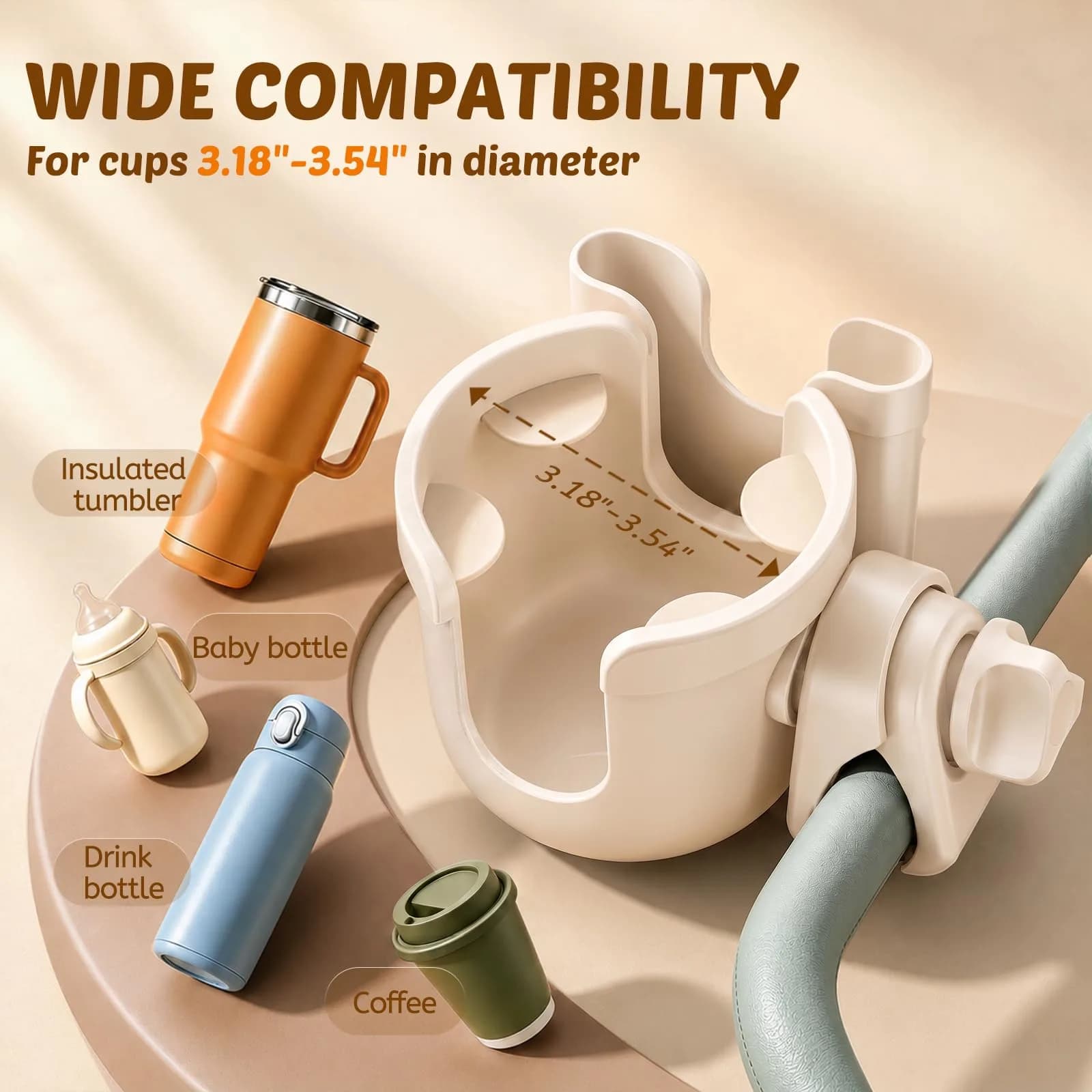 Guiseapue Universal Cup Holder with Phone Mount | Fits Strollers, Walkers, Bikes, Carts (Beige) - view 3