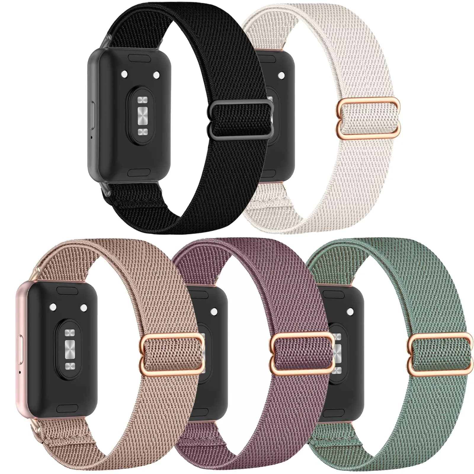 CUNUJIX 5 Pack Stretchy Watch Bands Compatible with Samsung Galaxy Fit 3 | Nylon Elastic Fabric Strap for Galaxy Fit 3 SM-R390 — Black/Starlight/ Milk Tea/Smoke Purple/Cactus Green