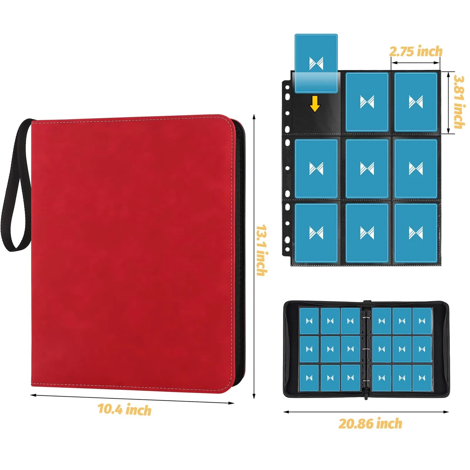 GERMUN 3 Ring 9 Pocket Zipper Card Binder with Wrist Strap, 720 Double Sided Standard Card Album Folder (Marble Texture Red, 40 Pages) - view 2