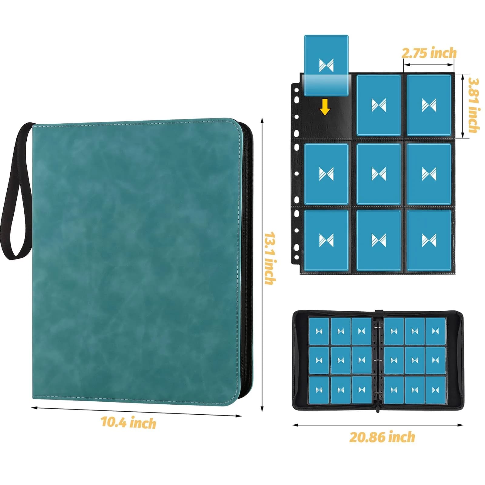 GERMUN 3 Ring 9 Pocket Zipper Card Binder, 720 Double Sided Standard PU Trading Card Album Folder for TCG & Sports Cards (Lake Blue) - view 2