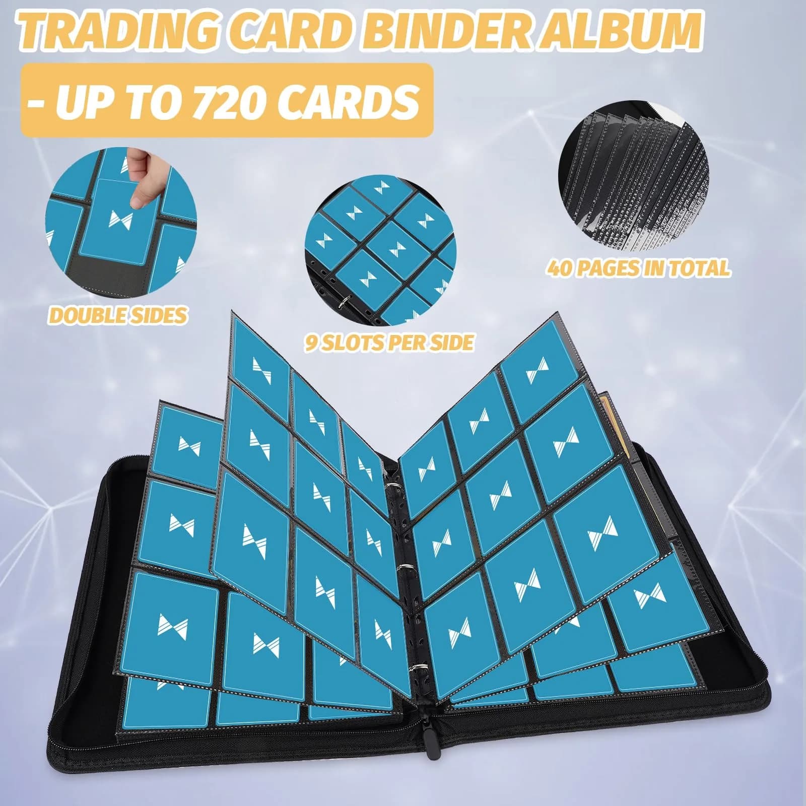 GERMUN 3 Ring 9 Pocket Zipper Card Binder, 720 Double Sided Standard PU Trading Card Album Folder for TCG & Sports Cards (Lake Blue) - view 4