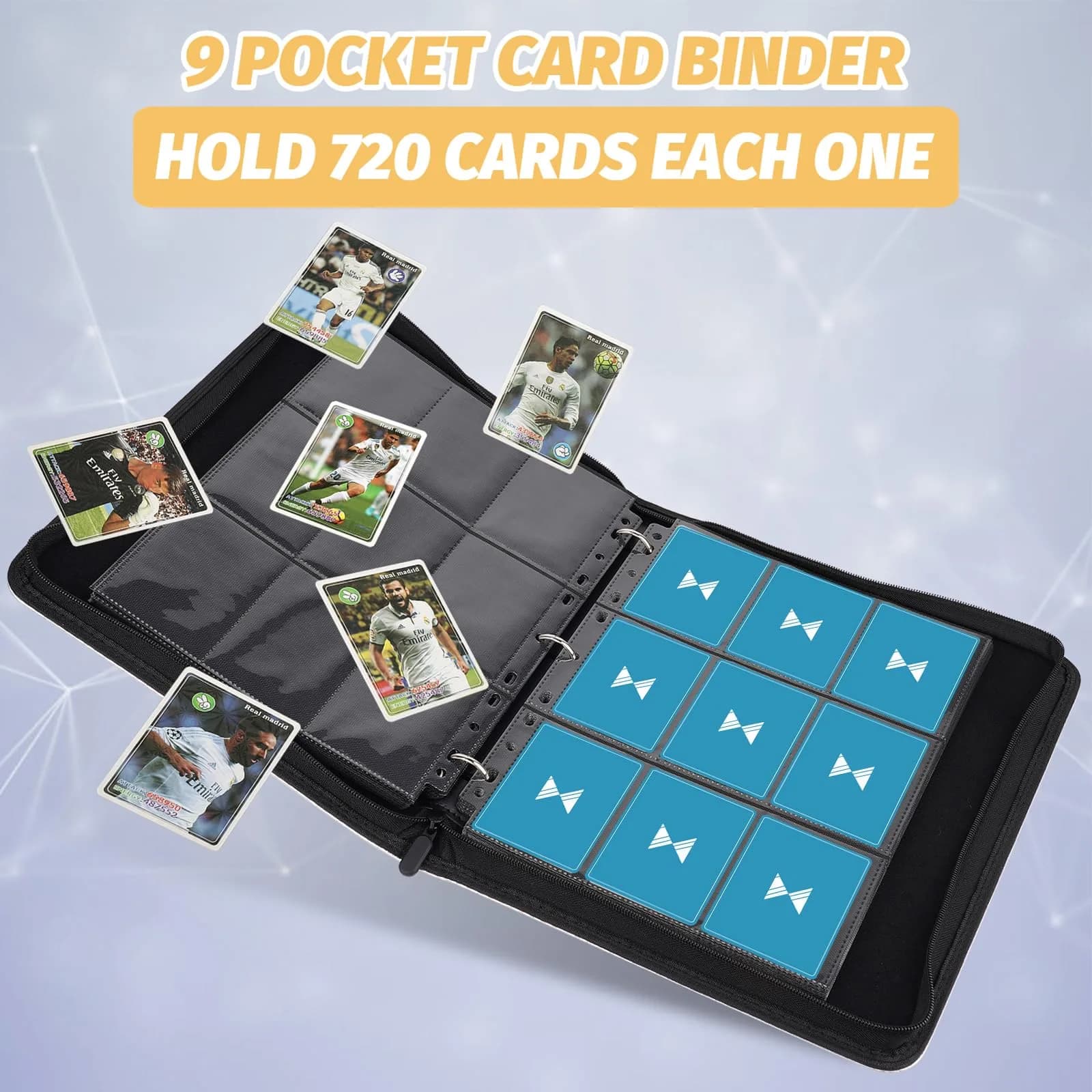 GERMUN 3 Ring 9 Pocket Zipper Card Binder, 720 Double Sided Standard PU Trading Card Album Folder for TCG & Sports Cards (Lake Blue) - view 5