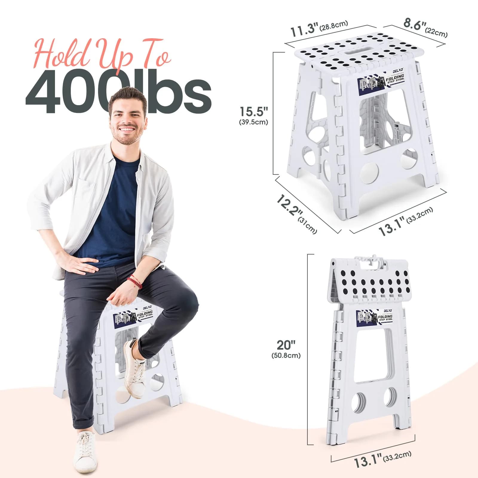 Delxo 40.6cm (16 Inch) Folding Step Stool White for Kids & Adults | Sturdy Portable Step Stool with Handle - view 2