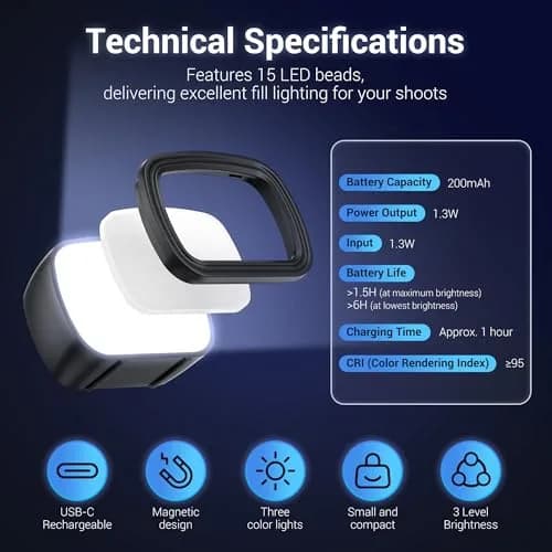 JJC Pocket 3 LED Light for DJI Osmo Pocket 3 & Muse, Magnetic Mini Video Light with 3 Color Modes & 3 Brightness Levels, 15g Lightweight, USB-C Rechargeable thumbnail 5