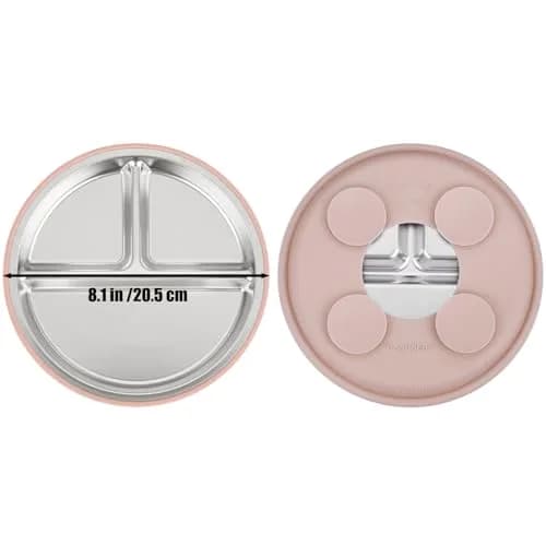 PandaEar 3 Pack Stainless Steel Baby Suction Plates | Divided Toddler Plate for Baby Led Weaning, Non-Slip, Dishwasher Safe (Pink/Linen/Light Pink) thumbnail 5