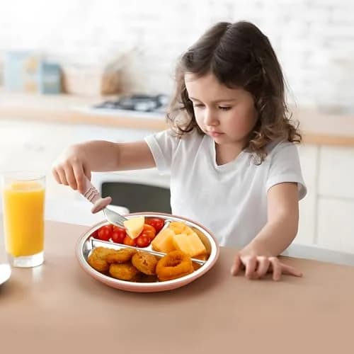 PandaEar 3 Pack Stainless Steel Baby Suction Plates | Divided Toddler Plate for Baby Led Weaning, Non-Slip, Dishwasher Safe (Pink/Linen/Light Pink) thumbnail 2