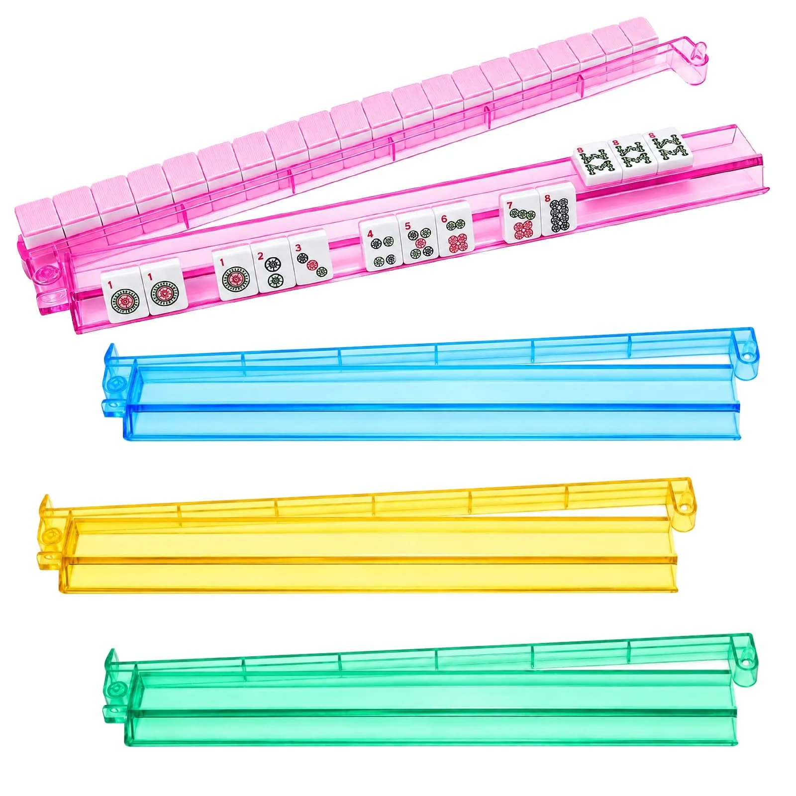 CAYOULR Colourful Mahjong Racks with Pushers Set of 4 | Acrylic Holders for Tabletop Games — Colourful