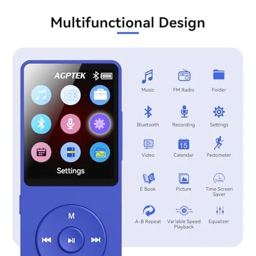 AGPTEK A02 MP3 Player 64GB Blue | Bluetooth 5.3 Portable Music Player with 40-Hour Playback thumbnail 8