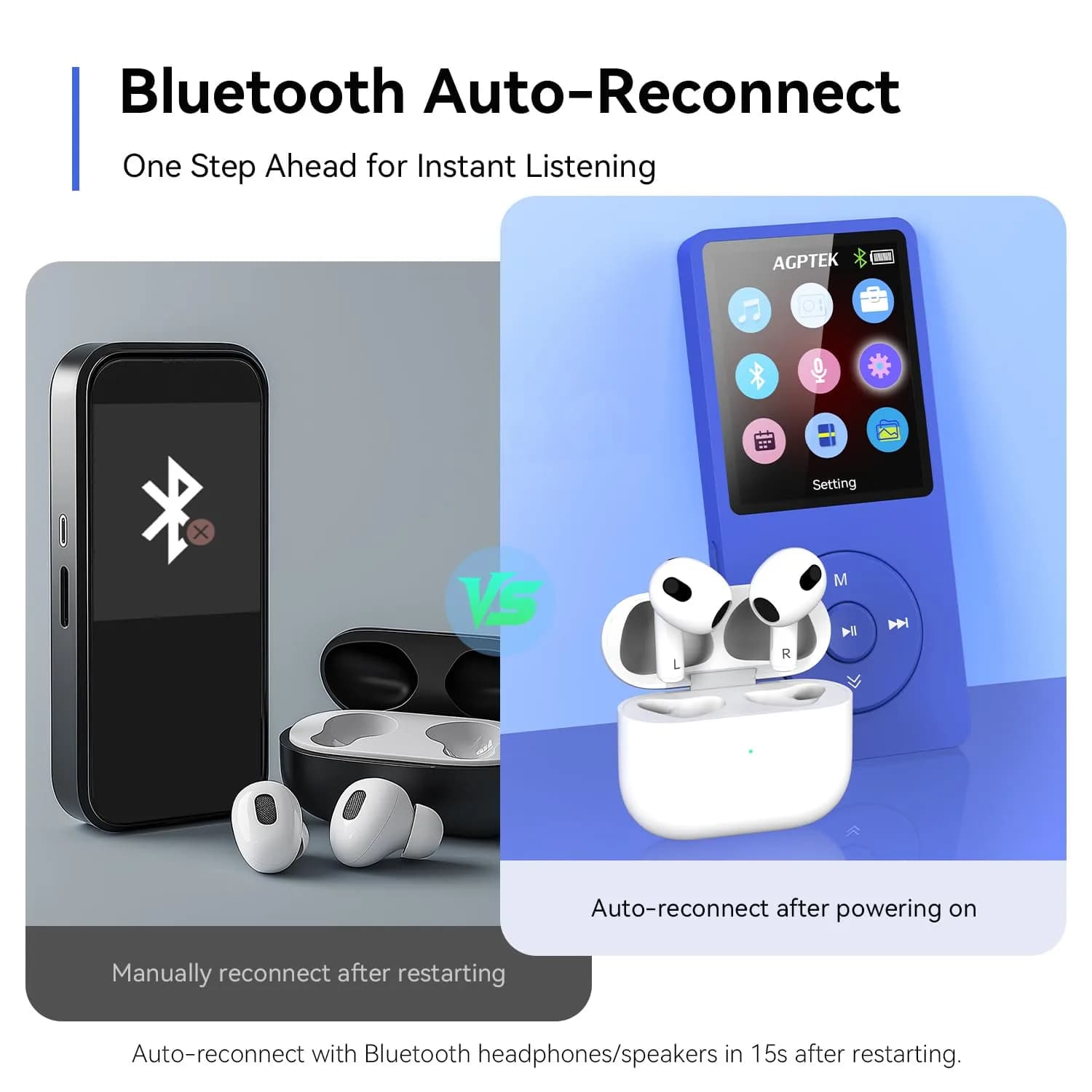 AGPTEK A02 MP3 Player 64GB Blue | Bluetooth 5.3 Portable Music Player with 40-Hour Playback - view 3