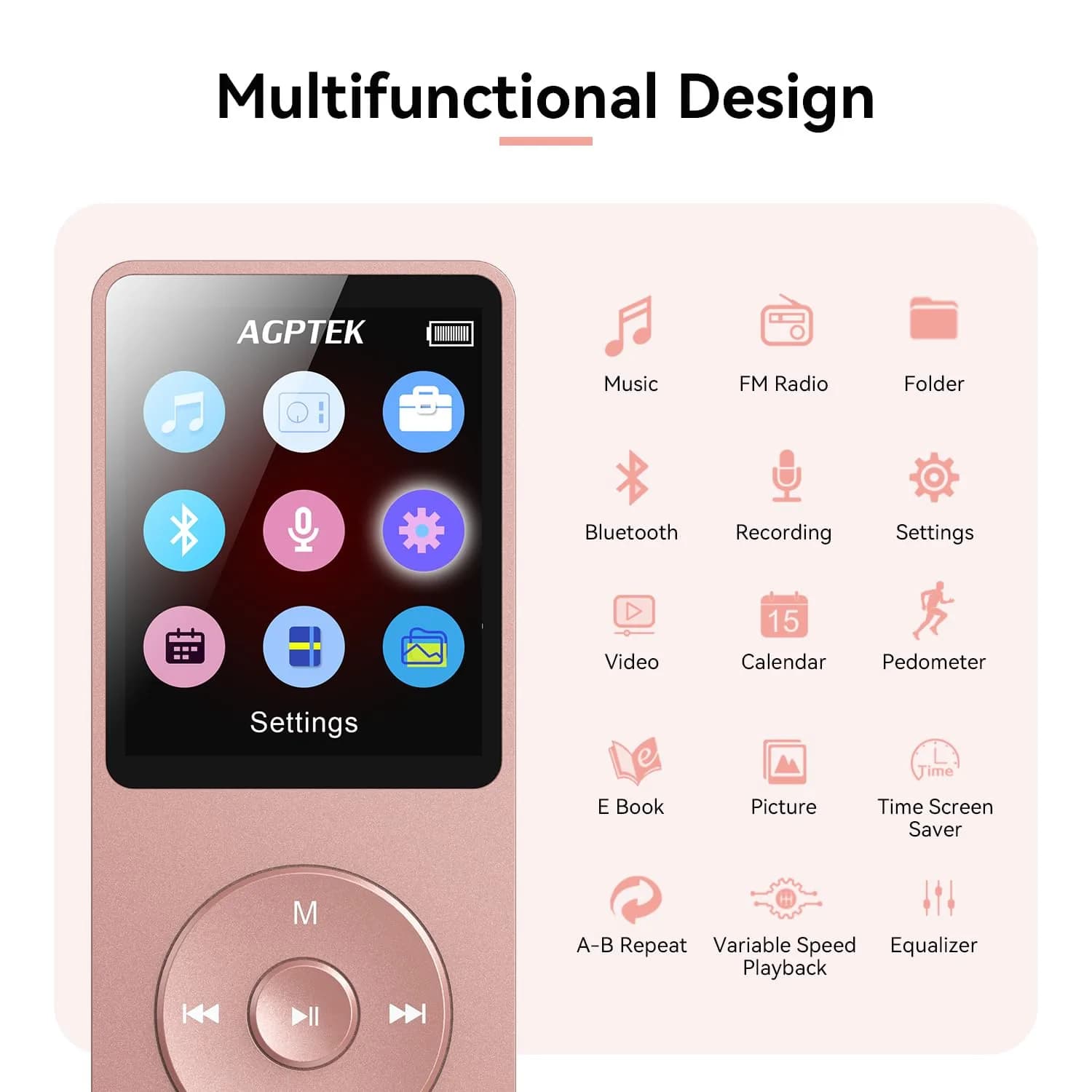 AGPTEK A02 MP3 Player Rose Gold 64GB (2.22 oz) | Bluetooth 5.3 Music Player with Speaker - view 4