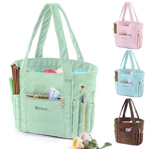 MYBAGZING Corduroy Crochet Bag 11.5" Large Yarn Storage Tote with Grommets | Stylish & Spacious Yarn Organizer for Knitters & Crocheters thumbnail 1