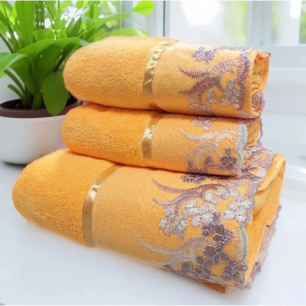 USTIDE Light Yellow Lace Bath Towels Set (3 Pieces) | Fluffy, Soft & Absorbent for Daily Use — Orange