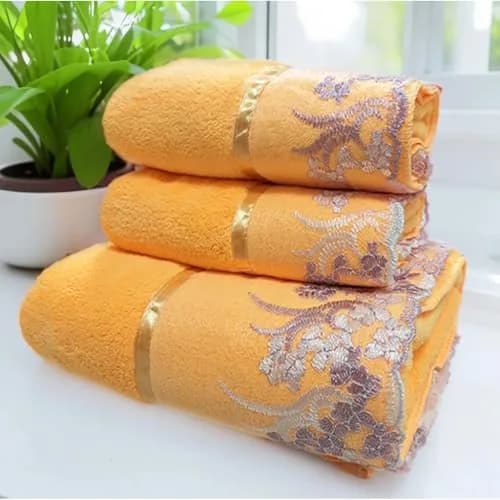 USTIDE 3 Pack Orange Lace Towels Set | Luxury Soft Velvet Bath Towels for Kids & Adults in India thumbnail 1