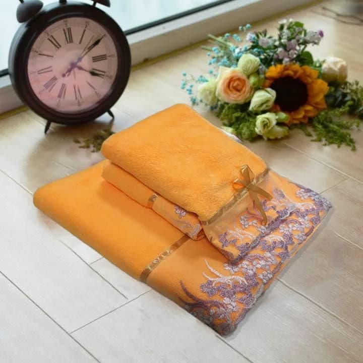 USTIDE 3 Pack Orange Lace Towels Set | Luxury Soft Velvet Bath Towels for Kids & Adults in India thumbnail 5