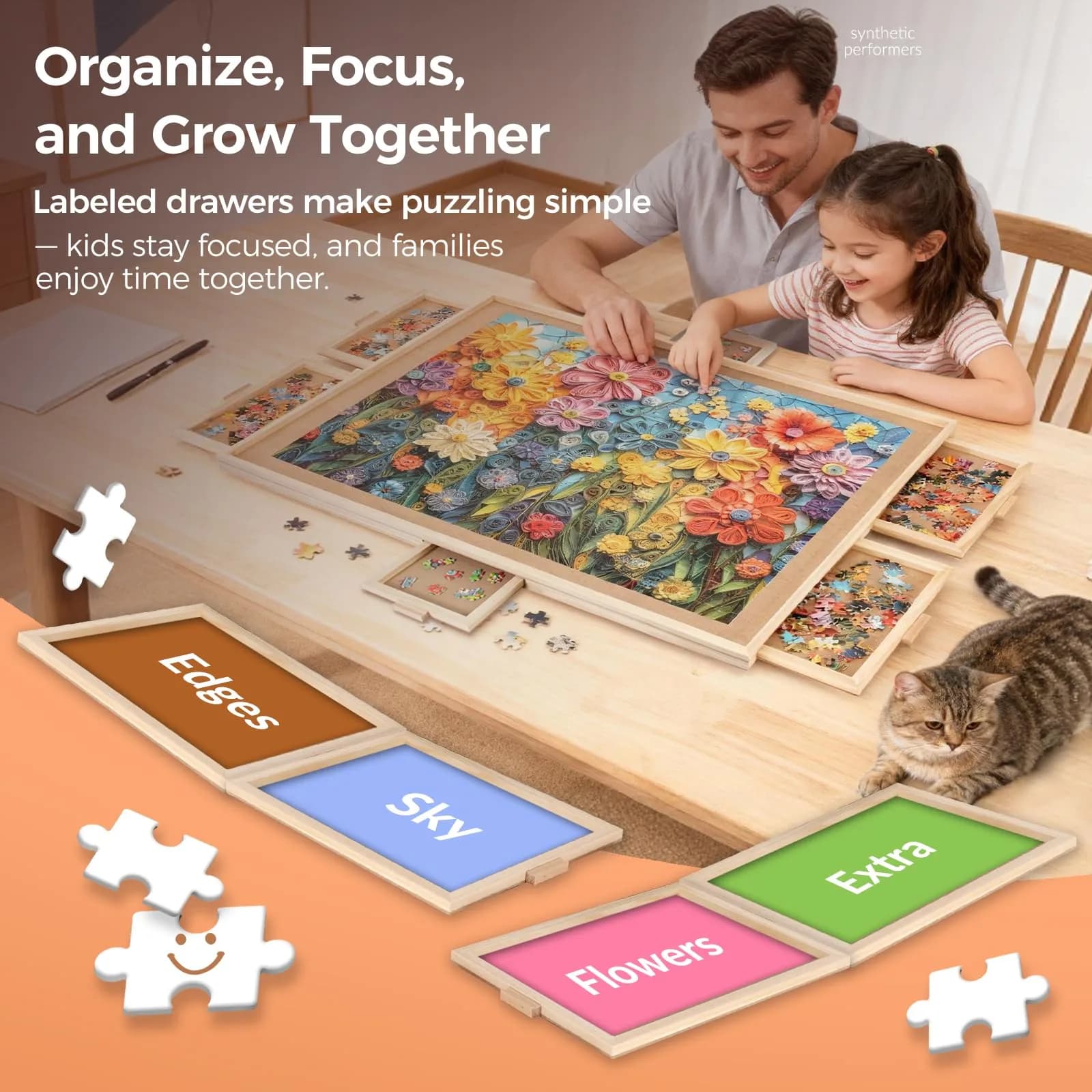 ALL4JIG Rotating Puzzle Board with 6 Drawers & Cover, 22.44"x30.16" Portable Wooden Jigsaw Puzzle Table | Educational STEM Learning - view 3