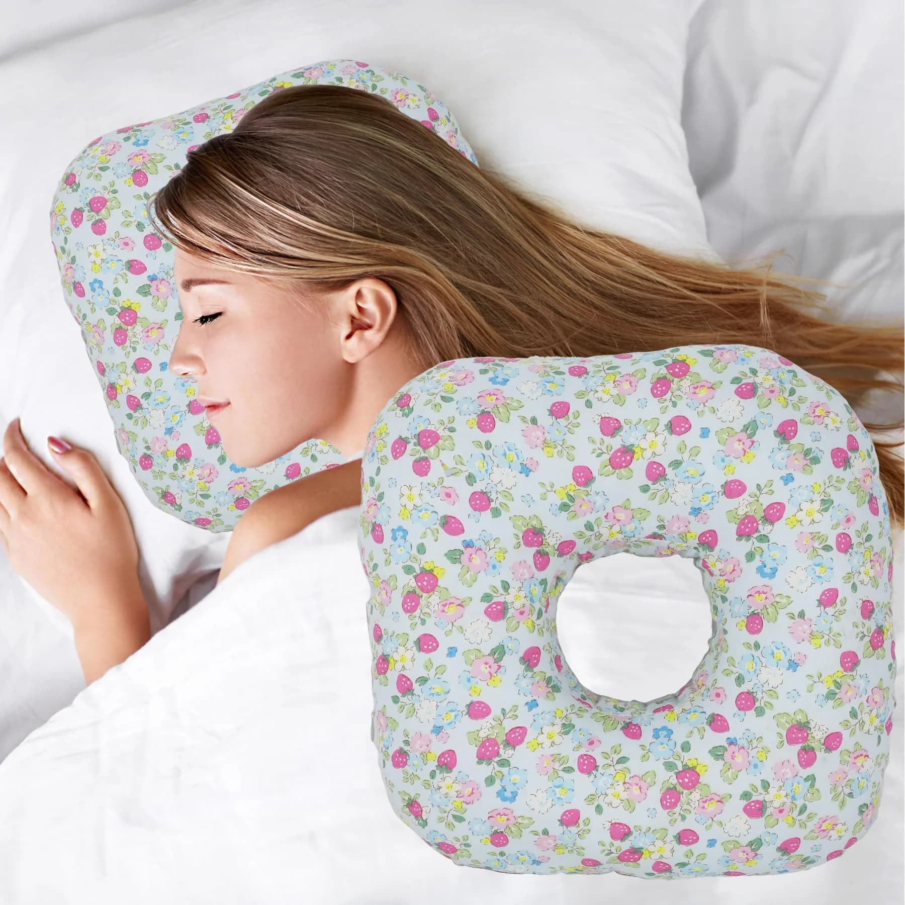 Wuronsa Blue Strawberry Ear Piercing Pillow with Hole - Adjustable Cotton Pillow for Side Sleepers - main product image