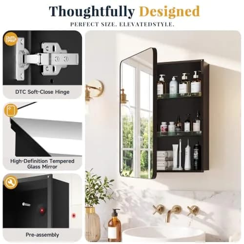 GoTiling 16x20 Medicine Cabinet with Mirror, Black Aluminum, Pre-Assembled | Modern Wall Mount Design thumbnail 7