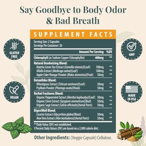 Flarovexarith Body Deodorizing Supplement – Chlorophyll Capsules for Body Odor, 120 Count | Natural Deodorizing Formula thumbnail 5