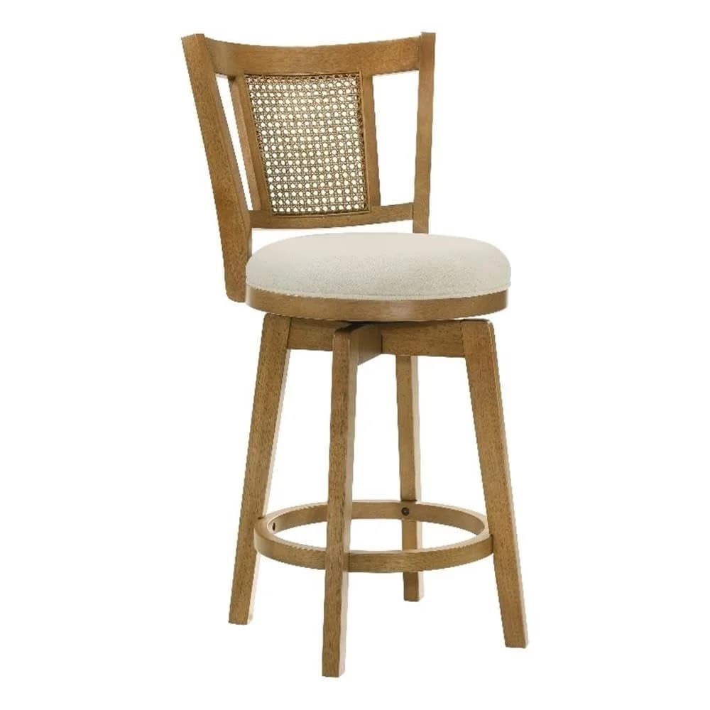 Armen Living Isla 30 in. Amber Glow Rubberwood Swivel Barstool with Ivory Fabric Seat | Elegant, Durable & Comfortable (70-120c) — Beige