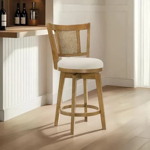 Armen Living Isla 30 in. Amber Glow Rubberwood Swivel Barstool with Ivory Fabric Seat | Elegant, Durable & Comfortable (70-120c) thumbnail 2