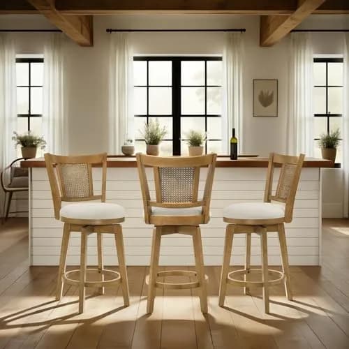 Armen Living Isla 30 in. Amber Glow Rubberwood Swivel Barstool with Ivory Fabric Seat | Elegant, Durable & Comfortable (70-120c) thumbnail 4