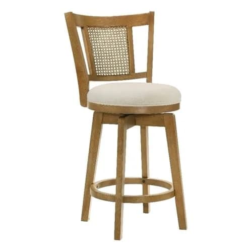 Armen Living Isla 30 in. Amber Glow Rubberwood Swivel Barstool with Ivory Fabric Seat | Elegant, Durable & Comfortable (70-120c) - main product image