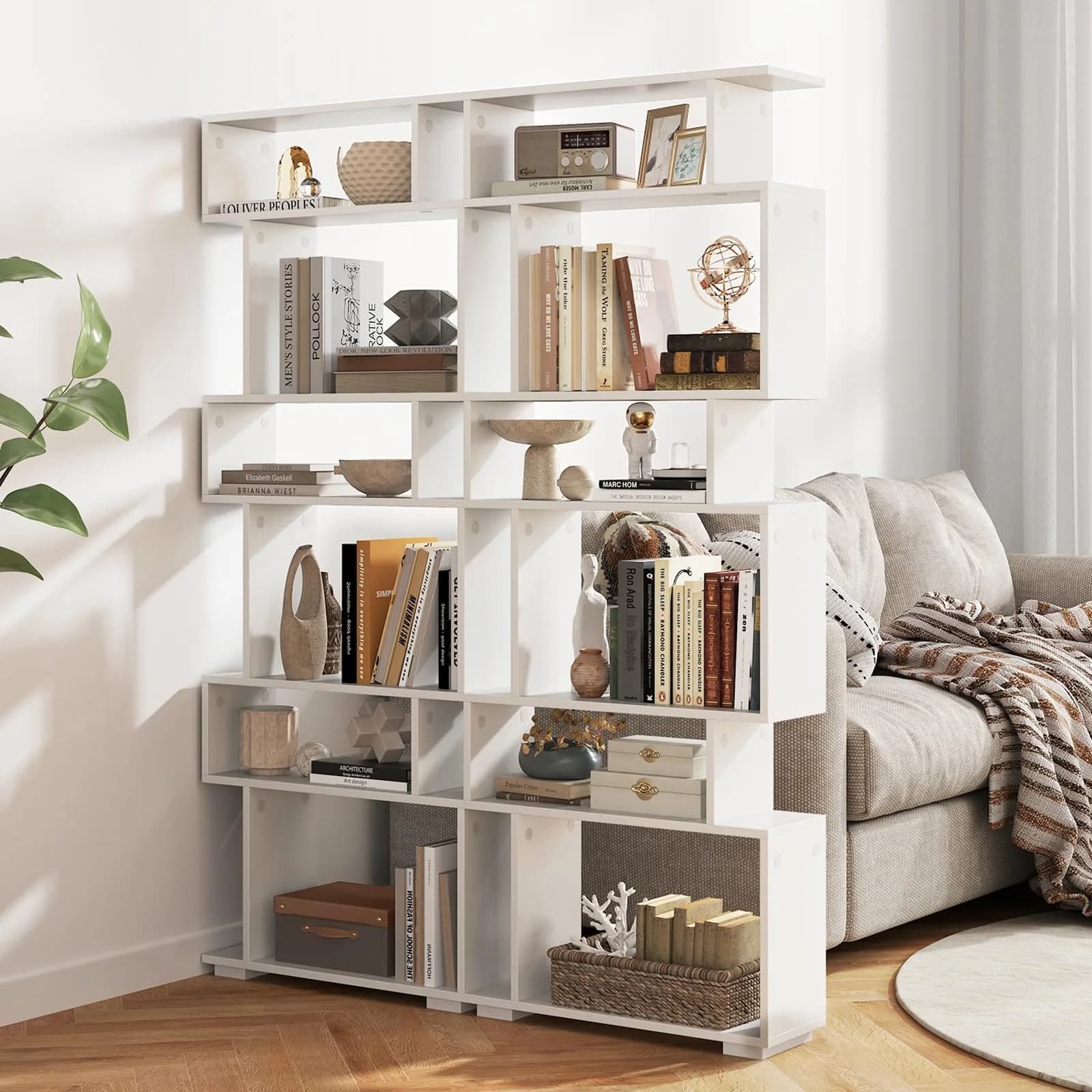 SILKYDRY 6 Tier S Shaped Bookshelf, Wood Geometric Bookcase, Modern Room Divider, 64" Tall, White — White