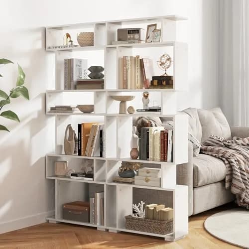 SILKYDRY 6 Tier S Shaped Bookshelf, Wood Geometric Bookcase, Modern Room Divider, 64" Tall, White thumbnail 1