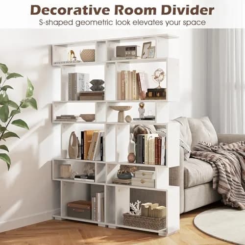 SILKYDRY 6 Tier S Shaped Bookshelf, Wood Geometric Bookcase, Modern Room Divider, 64" Tall, White thumbnail 4