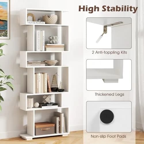 SILKYDRY 6 Tier S Shaped Bookshelf, Wood Geometric Bookcase, Modern Room Divider, 64" Tall, White thumbnail 5