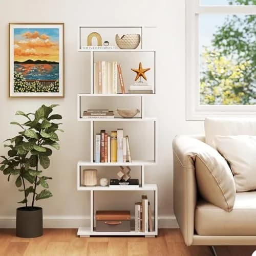 SILKYDRY 6 Tier S Shaped Bookshelf, Wood Geometric Bookcase, Modern Room Divider, 64" Tall, White thumbnail 6