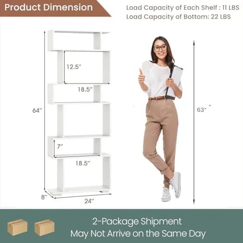 SILKYDRY 6 Tier S Shaped Bookshelf, Wood Geometric Bookcase, Modern Room Divider, 64" Tall, White thumbnail 2