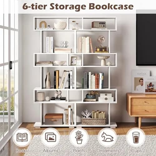 SILKYDRY 6 Tier S Shaped Bookshelf, Wood Geometric Bookcase, Modern Room Divider, 64" Tall, White thumbnail 3