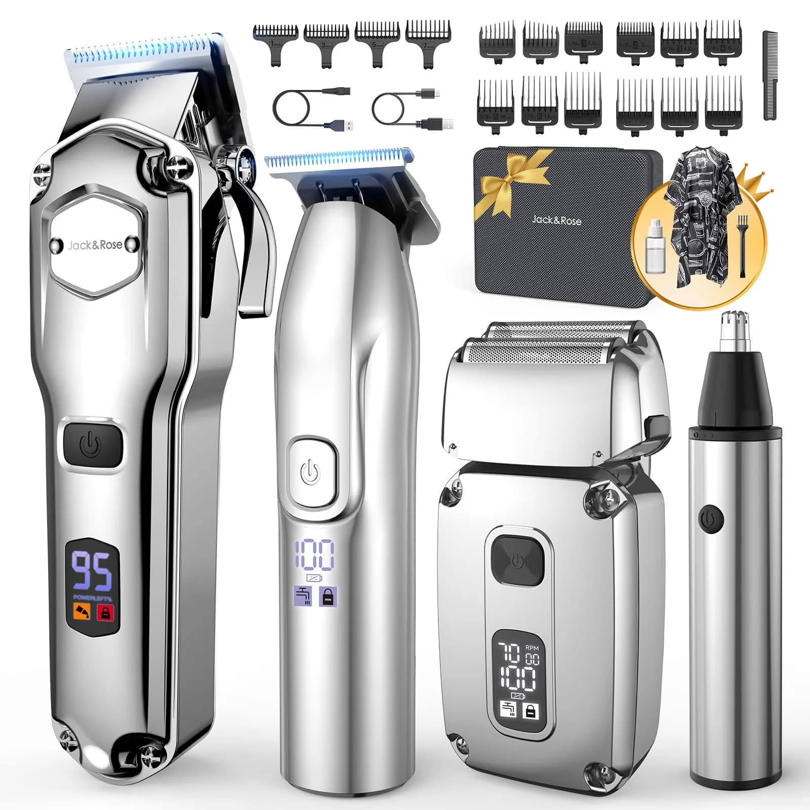 Jack & Rose Hair Clippers for Men Set 4-in-1 | Cordless Professional Hair Trimmer with LED Display — Silver