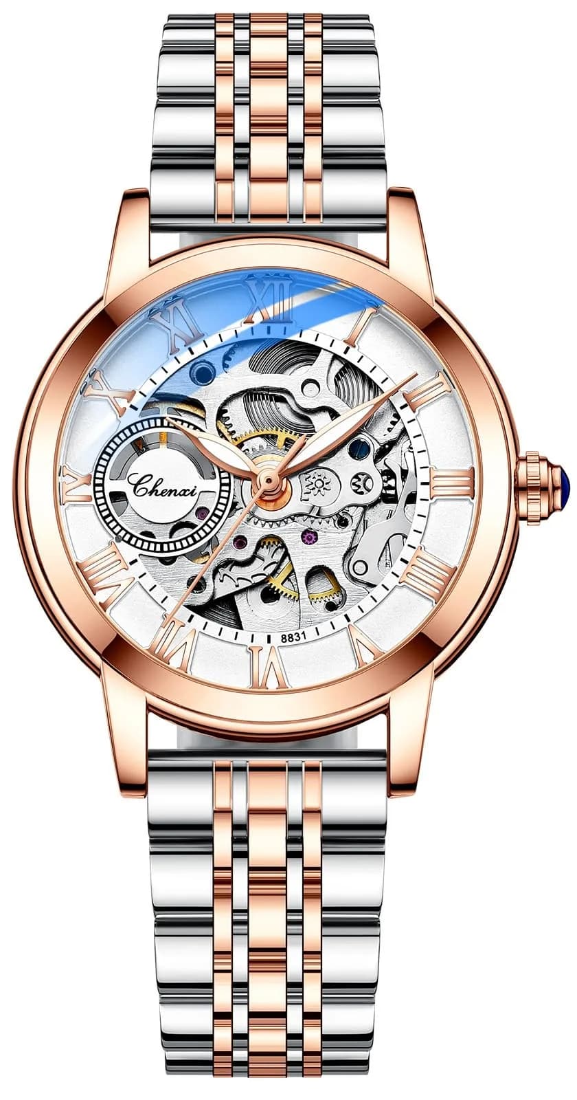 MASTOP Women's Sapphire Watches Automatic Steampunk Self Winding Mechanical Gold Bracelet 34mm | Skeleton Wrist Watch Leather Strap — Steel Silver Rose