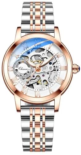 MASTOP Women's Sapphire Watches Automatic Steampunk Self Winding Mechanical Gold Bracelet 34mm | Skeleton Wrist Watch Leather Strap thumbnail 1