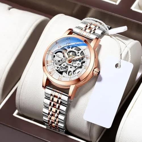 MASTOP Women's Sapphire Watches Automatic Steampunk Self Winding Mechanical Gold Bracelet 34mm | Skeleton Wrist Watch Leather Strap thumbnail 6