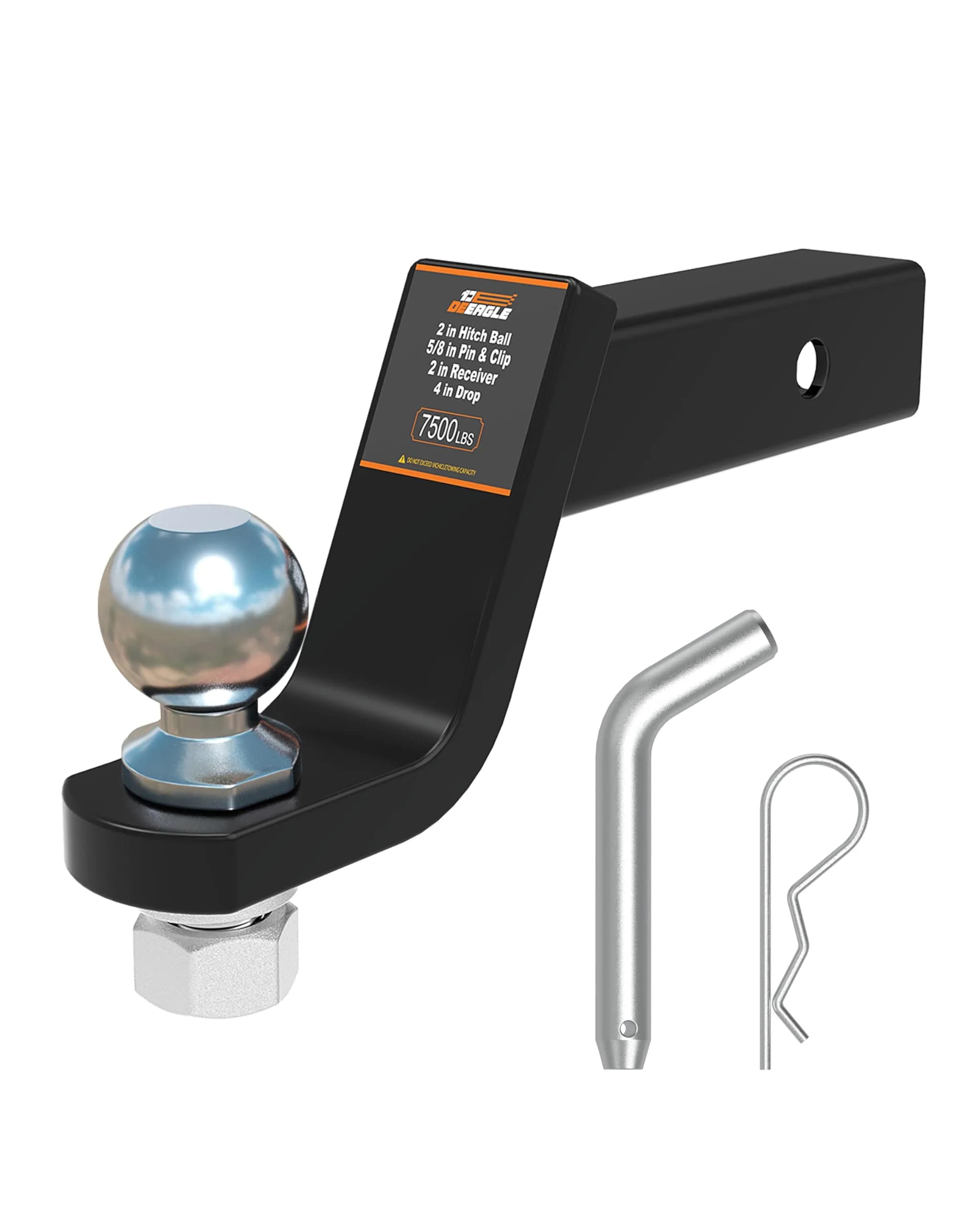 DEEAGLE 2-inch Ball Hitch with Pin, 4-inch Drop, 7500lbs GTW | Heavy Duty Steel Trailer Ball Mount — 4 Inch